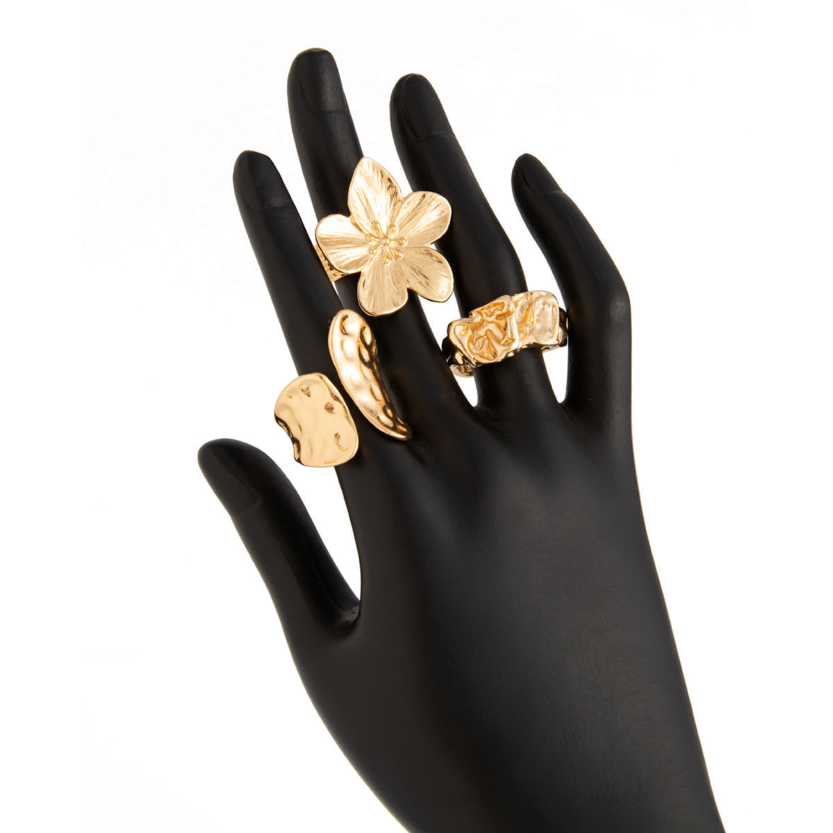 3-Piece Molten Gold Tone Ring Set - Vintage Baroque Flower & Abstract Liquid Metal Design - Adjustable Open V888-ELOSUNG44390