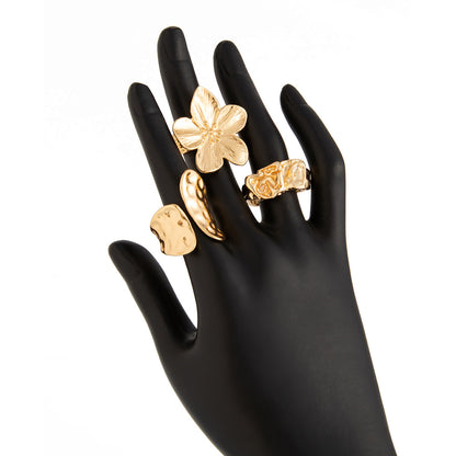 3-Piece Molten Gold Tone Ring Set - Vintage Baroque Flower & Abstract Liquid Metal Design - Adjustable Open V888-ELOSUNG44390