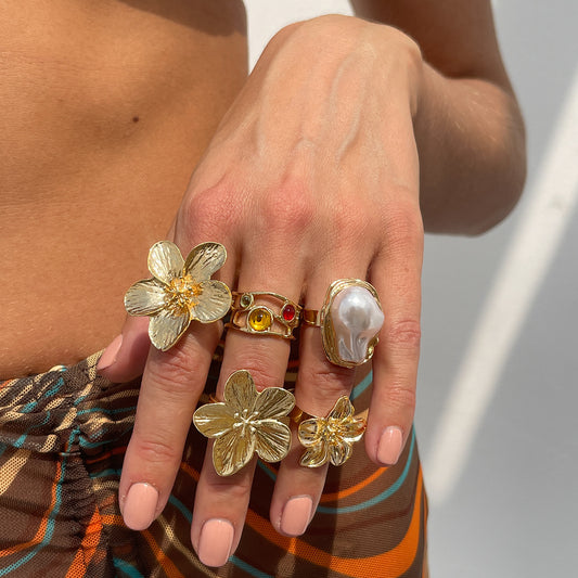 5-Piece Molten Gold Tone Ring Set - Vintage Baroque Flowers, Large Faux Pearl & Colourful Gem Cuff - V888-ELOSUNG44391