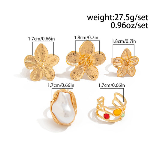 5-Piece Molten Gold Tone Ring Set - Vintage Baroque Flowers, Large Faux Pearl & Colourful Gem Cuff - V888-ELOSUNG44391