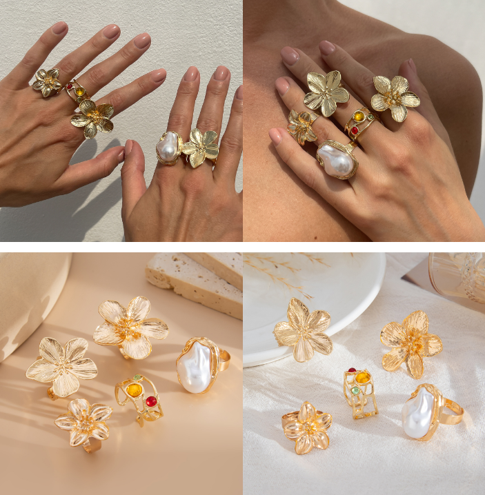 5-Piece Molten Gold Tone Ring Set - Vintage Baroque Flowers, Large Faux Pearl & Colourful Gem Cuff - V888-ELOSUNG44391