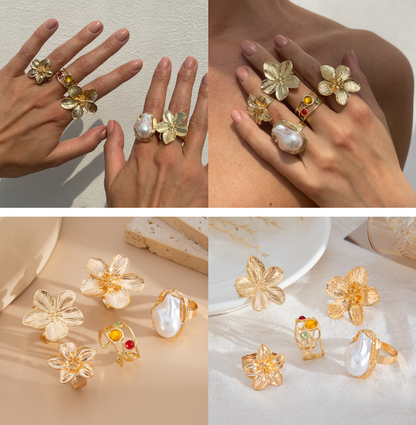 5-Piece Molten Gold Tone Ring Set - Vintage Baroque Flowers, Large Faux Pearl & Colourful Gem Cuff - V888-ELOSUNG44391