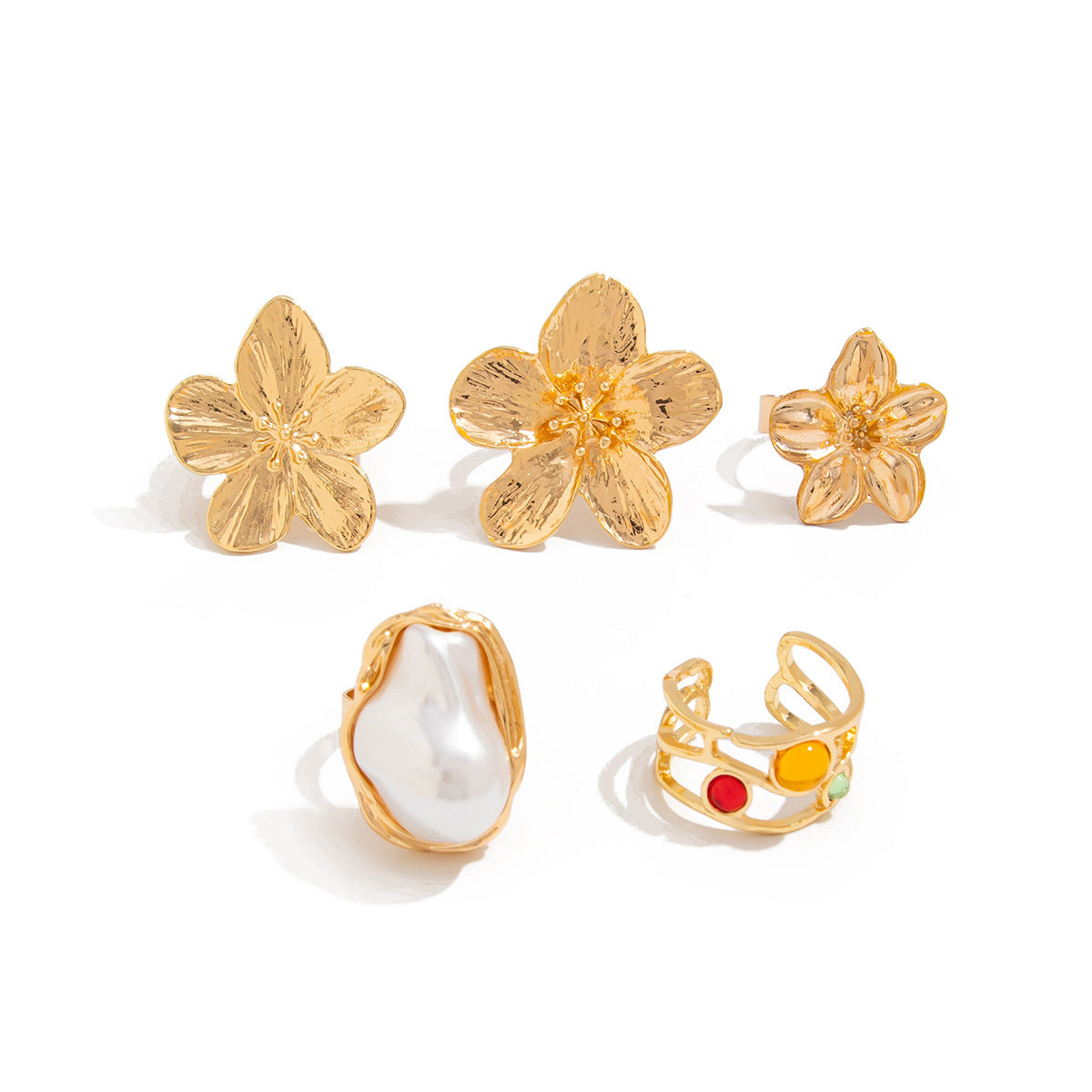 5-Piece Molten Gold Tone Ring Set - Vintage Baroque Flowers, Large Faux Pearl & Colourful Gem Cuff - V888-ELOSUNG44391