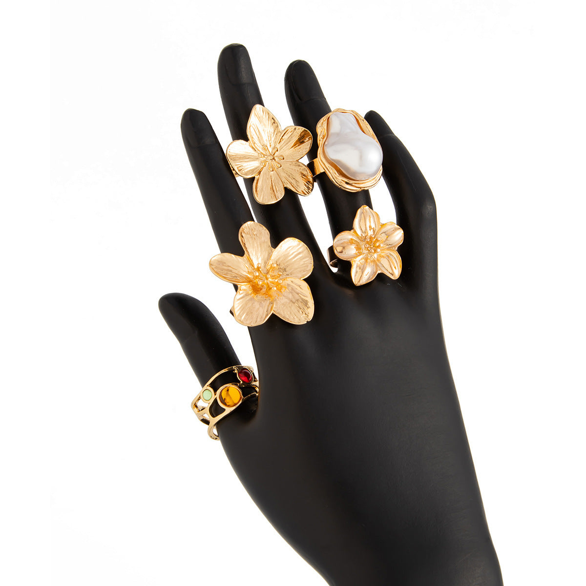 5-Piece Molten Gold Tone Ring Set - Vintage Baroque Flowers, Large Faux Pearl & Colourful Gem Cuff - V888-ELOSUNG44391