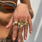 3-Piece Sculptural Gold Tone Ring Set - Large Textured Flower, Chunky Smooth Dome & Teardrop Wrap Band - V888-ELOSUNG44392