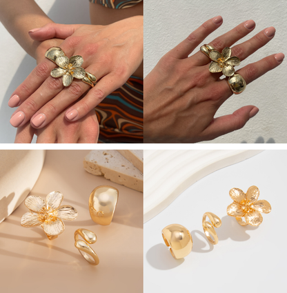 3-Piece Sculptural Gold Tone Ring Set - Large Textured Flower, Chunky Smooth Dome & Teardrop Wrap Band - V888-ELOSUNG44392