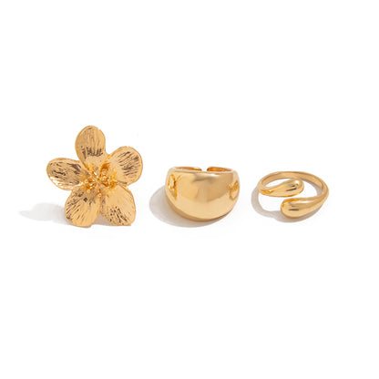 3-Piece Sculptural Gold Tone Ring Set - Large Textured Flower, Chunky Smooth Dome & Teardrop Wrap Band - V888-ELOSUNG44392