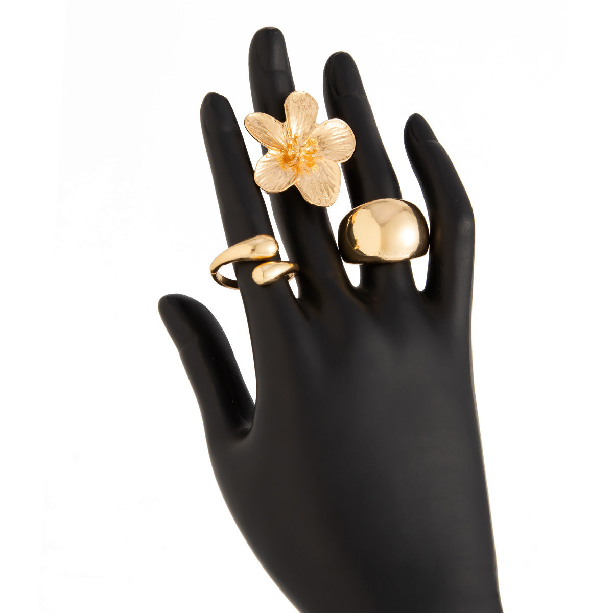 3-Piece Sculptural Gold Tone Ring Set - Large Textured Flower, Chunky Smooth Dome & Teardrop Wrap Band - V888-ELOSUNG44392