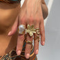 5 PCS Liquid Gold Tone Ring Set - Baroque Faux Pearl, Textured Flower & Abstract Wave Bands - Adjustable Boho V888-ELOSUNG44393