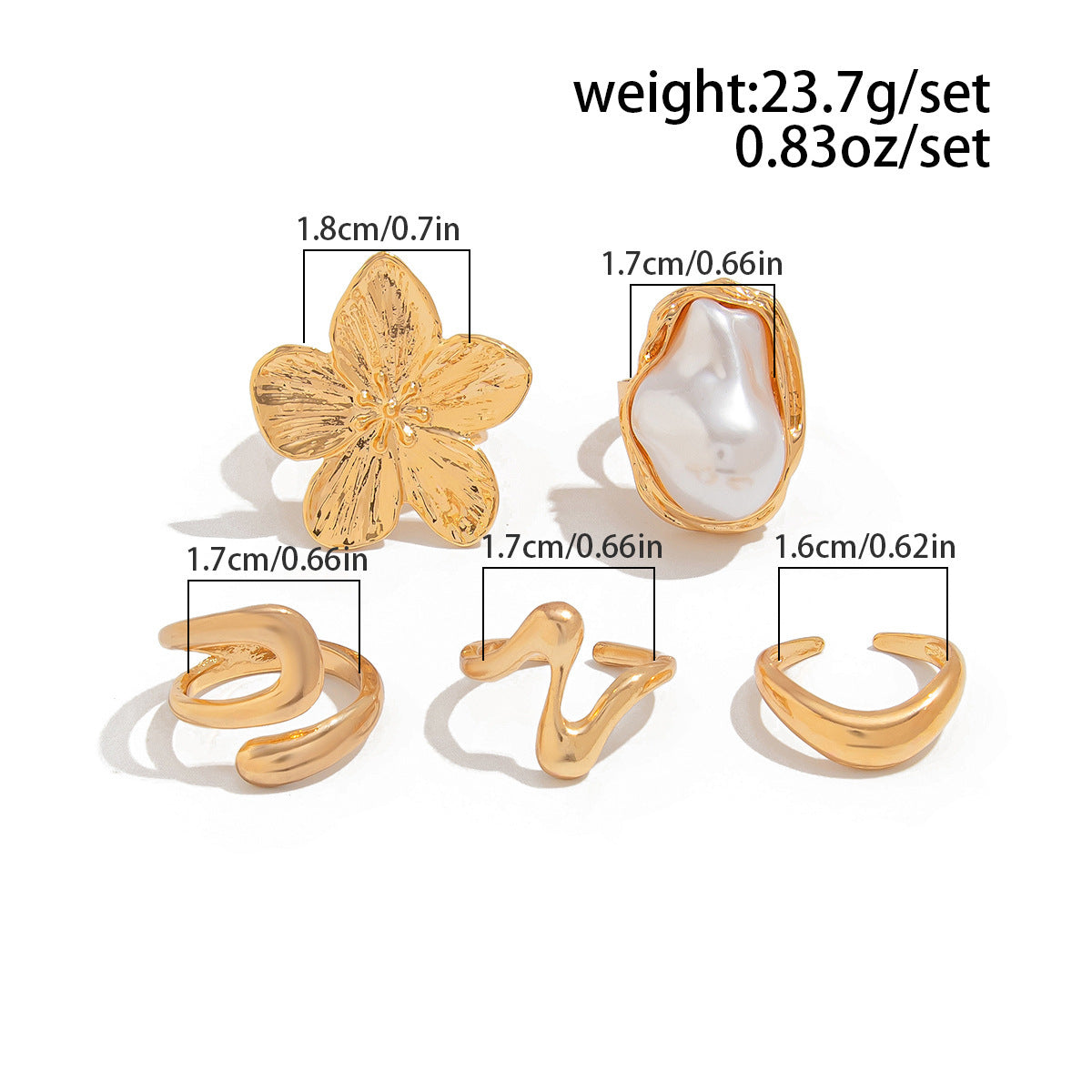 5 PCS Liquid Gold Tone Ring Set - Baroque Faux Pearl, Textured Flower & Abstract Wave Bands - Adjustable Boho V888-ELOSUNG44393