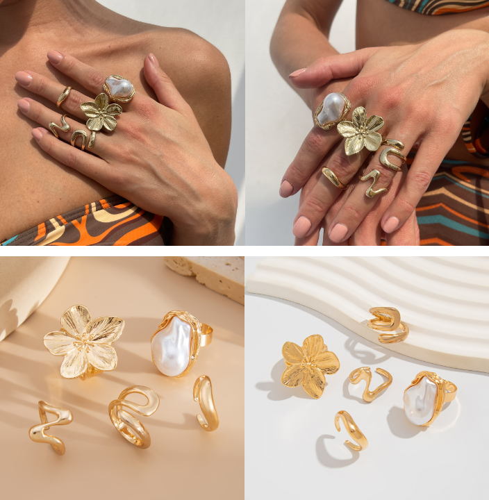 5 PCS Liquid Gold Tone Ring Set - Baroque Faux Pearl, Textured Flower & Abstract Wave Bands - Adjustable Boho V888-ELOSUNG44393