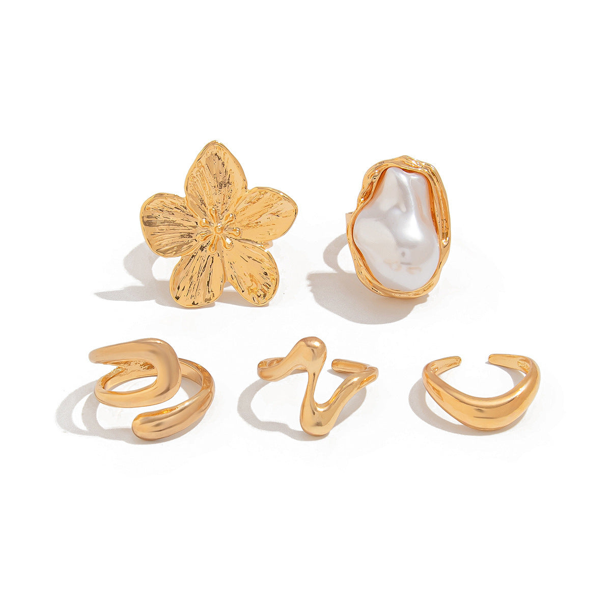 5 PCS Liquid Gold Tone Ring Set - Baroque Faux Pearl, Textured Flower & Abstract Wave Bands - Adjustable Boho V888-ELOSUNG44393