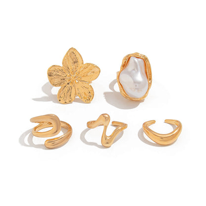 5 PCS Liquid Gold Tone Ring Set - Baroque Faux Pearl, Textured Flower & Abstract Wave Bands - Adjustable Boho V888-ELOSUNG44393