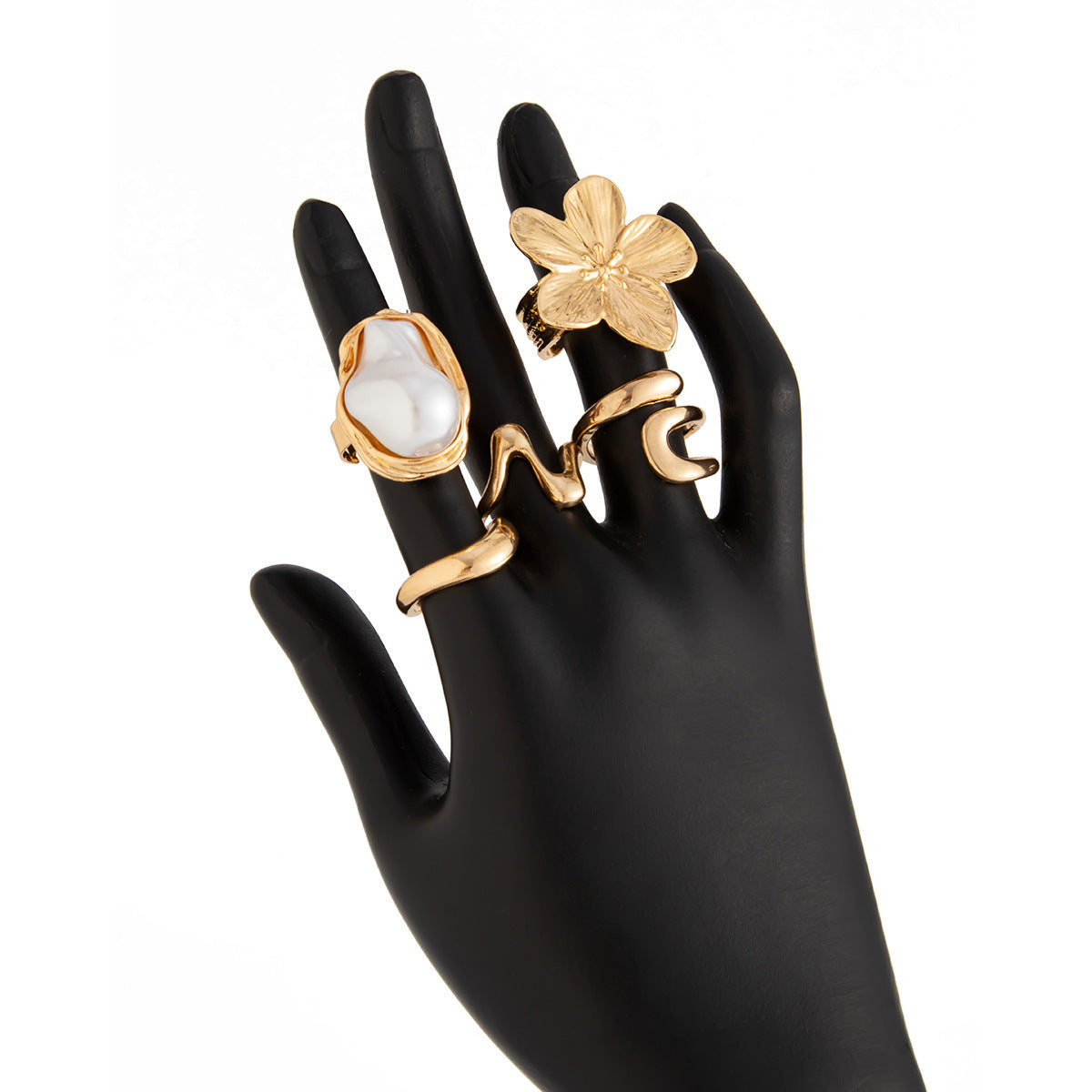 5 PCS Liquid Gold Tone Ring Set - Baroque Faux Pearl, Textured Flower & Abstract Wave Bands - Adjustable Boho V888-ELOSUNG44393