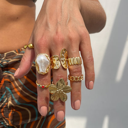 7-Piece Molten Gold Tone Ring Set - Baroque Faux Pearl, Flower, Chain Link & Abstract Shield Bands - Ultimate V888-ELOSUNG44394
