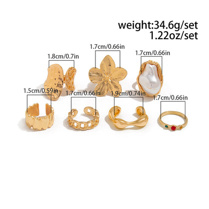 7-Piece Molten Gold Tone Ring Set - Baroque Faux Pearl, Flower, Chain Link & Abstract Shield Bands - Ultimate V888-ELOSUNG44394