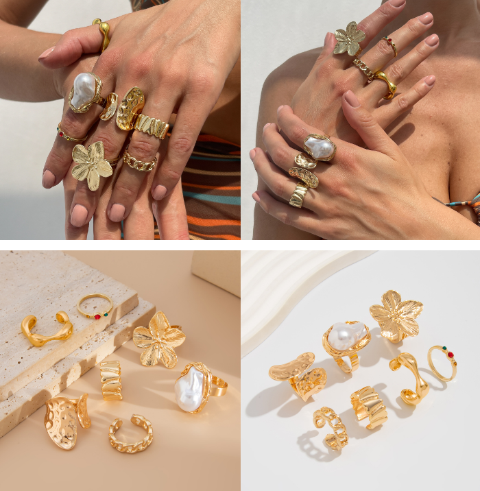 7-Piece Molten Gold Tone Ring Set - Baroque Faux Pearl, Flower, Chain Link & Abstract Shield Bands - Ultimate V888-ELOSUNG44394