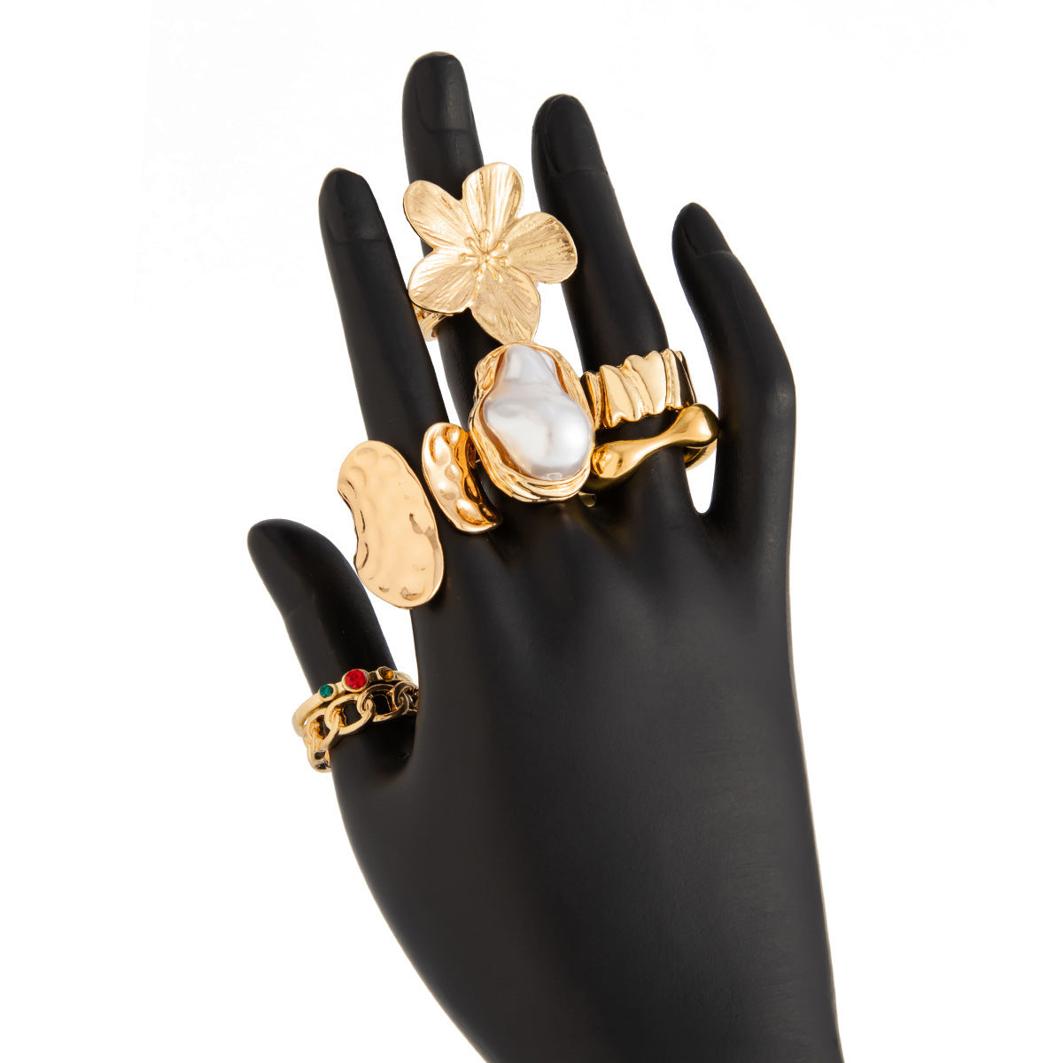 7-Piece Molten Gold Tone Ring Set - Baroque Faux Pearl, Flower, Chain Link & Abstract Shield Bands - Ultimate V888-ELOSUNG44394