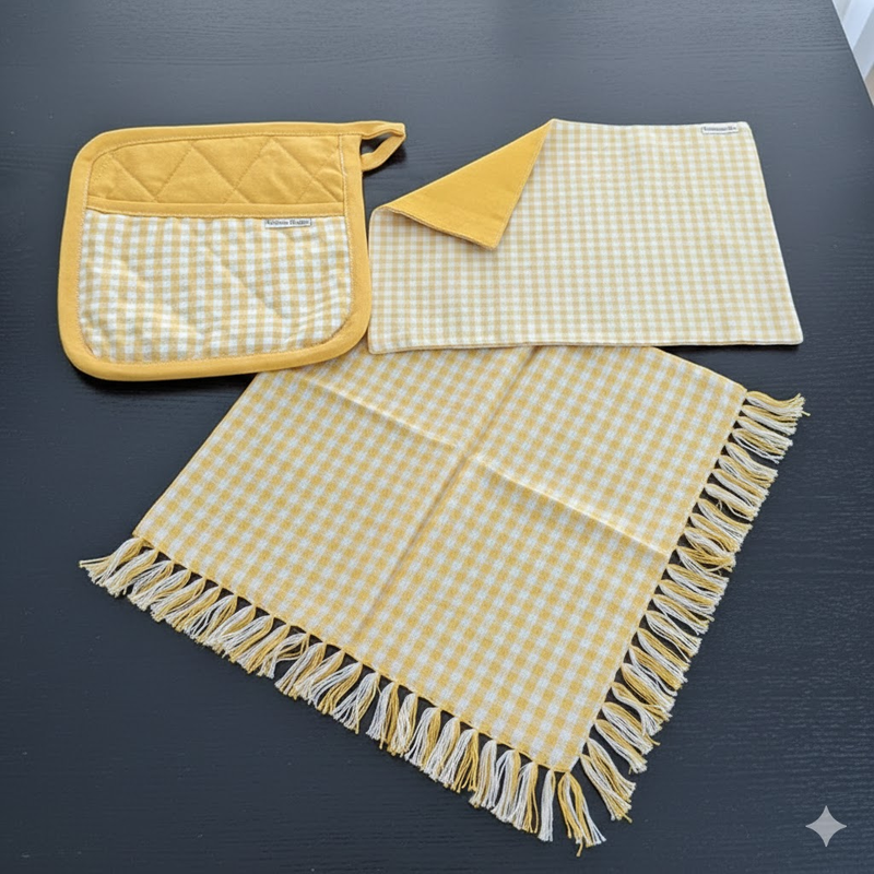 3-Piece Yellow Gingham Cotton Kitchen Linen Set - Reversible Placemat, Fringed Napkin & Quilted Pot Holder - V888-ELOSUNG44434