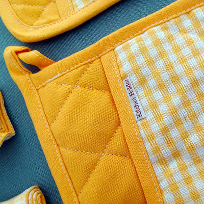 3-Piece Yellow Gingham Cotton Kitchen Linen Set - Reversible Placemat, Fringed Napkin & Quilted Pot Holder - V888-ELOSUNG44434