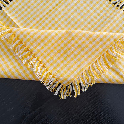 3-Piece Yellow Gingham Cotton Kitchen Linen Set - Reversible Placemat, Fringed Napkin & Quilted Pot Holder - V888-ELOSUNG44434