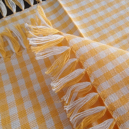 3-Piece Yellow Gingham Cotton Kitchen Linen Set - Reversible Placemat, Fringed Napkin & Quilted Pot Holder - V888-ELOSUNG44434