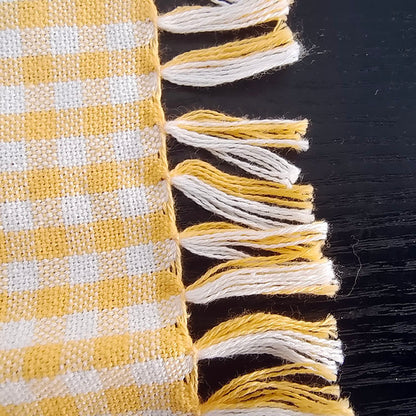 3-Piece Yellow Gingham Cotton Kitchen Linen Set - Reversible Placemat, Fringed Napkin & Quilted Pot Holder - V888-ELOSUNG44434