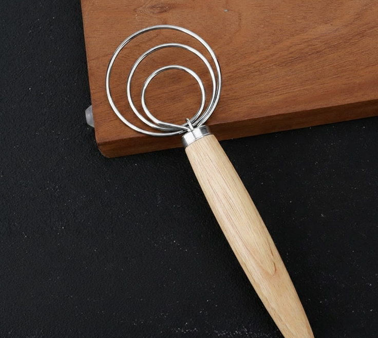 Triple Loop Danish Dough Whisk with Short Oak Handle - 9 Inch Compact Stainless Steel Mixer for Sourdough V888-ELOSUNG44450
