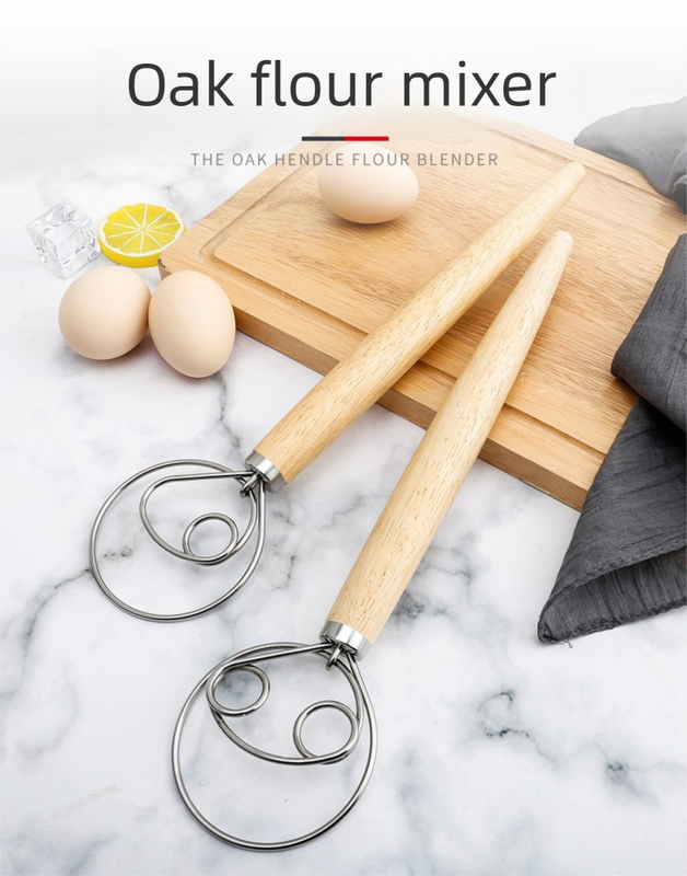 Triple Loop Danish Dough Whisk with Short Oak Handle - 9 Inch Compact Stainless Steel Mixer for Sourdough V888-ELOSUNG44450