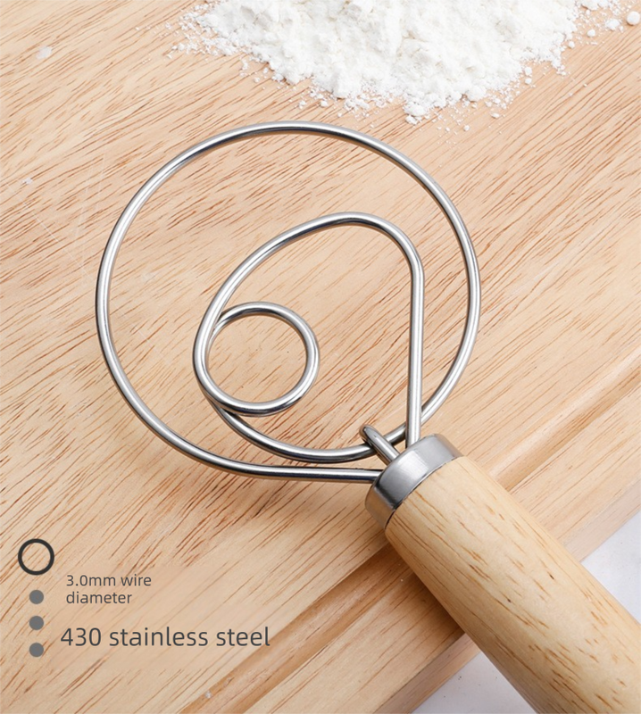 Triple Loop Danish Dough Whisk with Short Oak Handle - 9 Inch Compact Stainless Steel Mixer for Sourdough V888-ELOSUNG44450