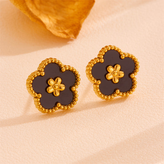 Black Shell Five-Petal Flower Stud Earrings - 18K Gold Plated Stainless Steel Floral Jewellery for Women - V888-ELOSUNG44453