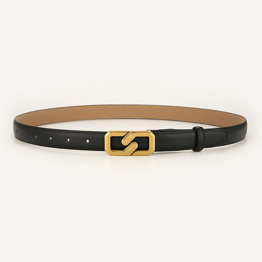 Womens Genuine Leather Belt Black 2.3cm Wide Gold Buckle Waist Strap for Jeans & Dresses Elegant Fashion V888-ELOSUNG44468