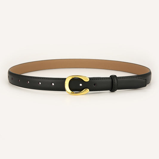 Womens Genuine Leather Belt Black C-Shape Gold Buckle Waist Strap for Jeans & Dresses Classic Fashion V888-ELOSUNG44472