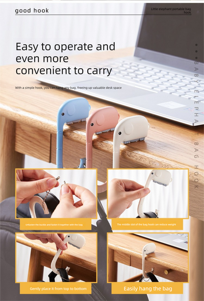 Cartoon Elephant Desk Side Bag Hook White Portable Adhesive Schoolbag Hanger No-Drill Movable Table Hook for V888-ELOSUNG44549