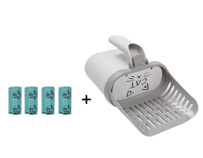2-in-1 Cat Litter Scoop with Integrated Waste Bin & 4 Rolls Refill Bags Detachable Sifter Shovel Anti-Reflux V888-ELOSUNG44571