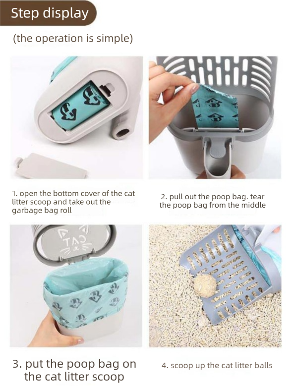 2-in-1 Cat Litter Scoop with Integrated Waste Bin & 4 Rolls Refill Bags Detachable Sifter Shovel Anti-Reflux V888-ELOSUNG44571