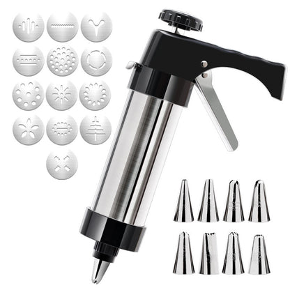 Stainless Steel Cookie Press Maker Kit with 13 Disc Molds and 8 Icing Tips Black Manual Biscuit Machine Set V888-ELOSUNG44580