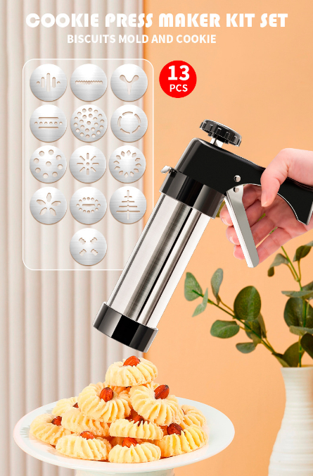 Stainless Steel Cookie Press Maker Kit with 13 Disc Molds and 8 Icing Tips Black Manual Biscuit Machine Set V888-ELOSUNG44580