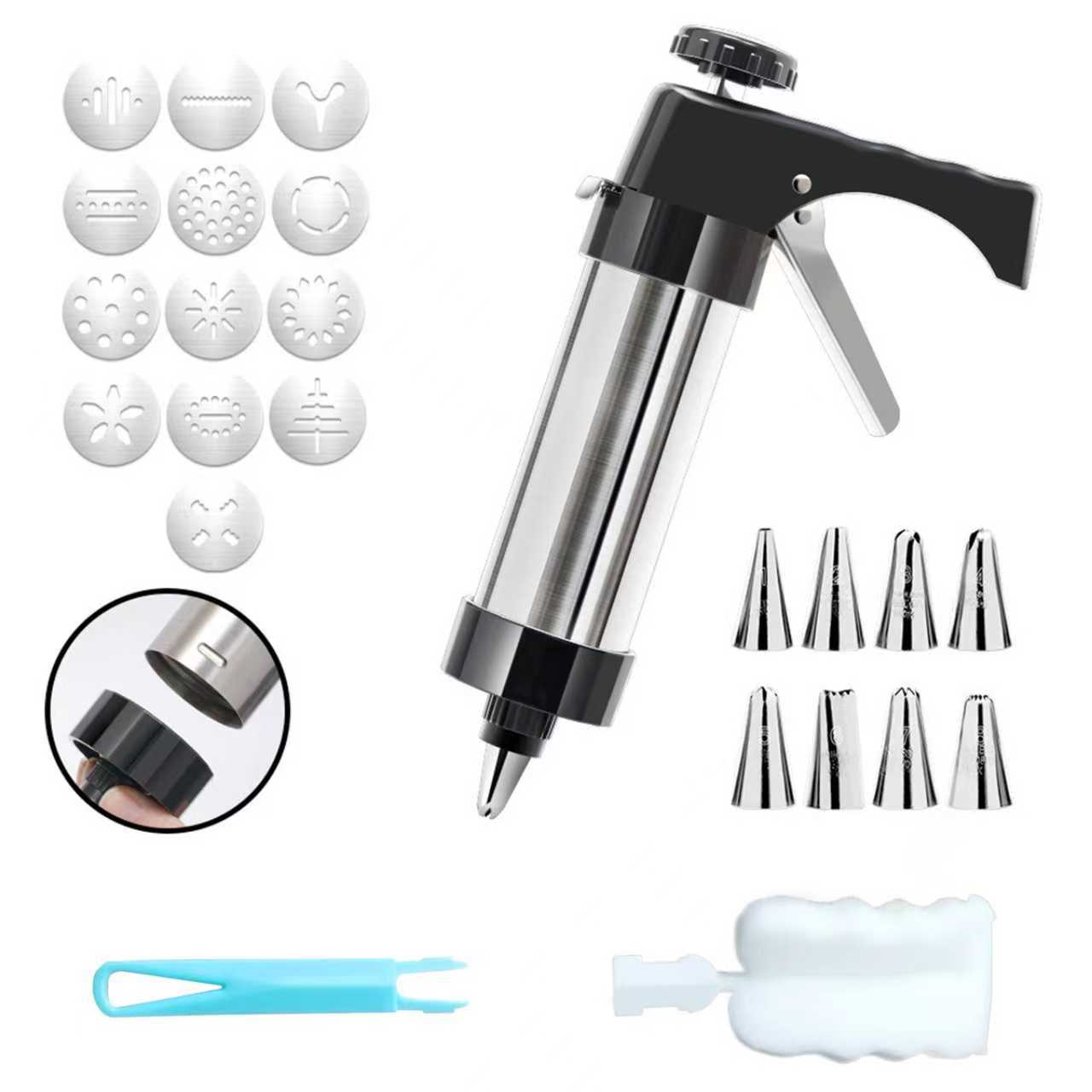 Stainless Steel Cookie Press Maker Kit Black Biscuit Machine with 13 Disc Molds 8 Icing Tips and Sponge V888-ELOSUNG44582