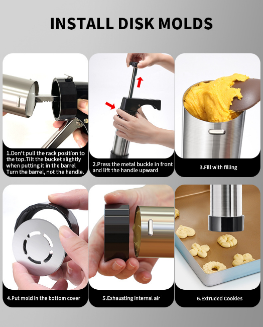 Stainless Steel Cookie Press Maker Kit Black Biscuit Machine with 13 Disc Molds 8 Icing Tips and Sponge V888-ELOSUNG44582