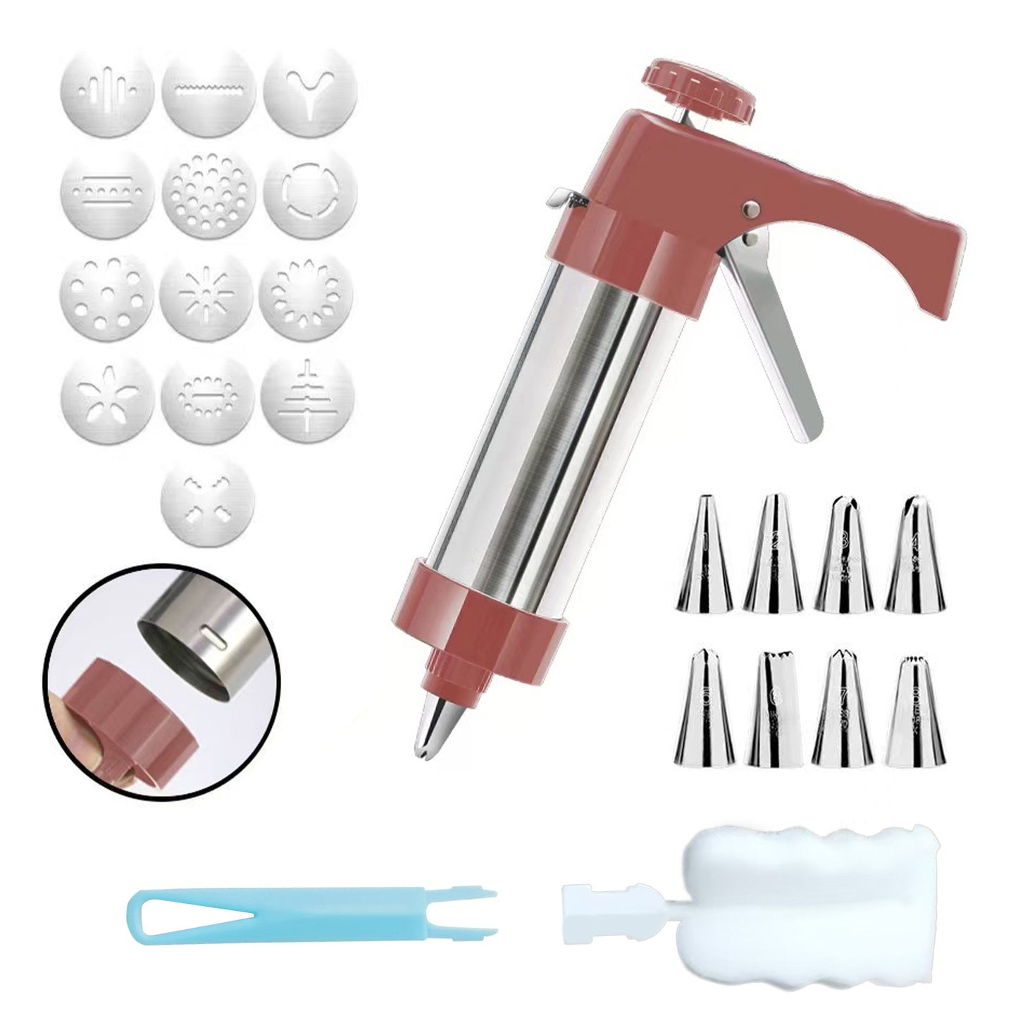 Stainless Steel Cookie Press Maker Kit Red Biscuit Machine with 13 Disc Molds 8 Icing Tips and Sponge V888-ELOSUNG44583