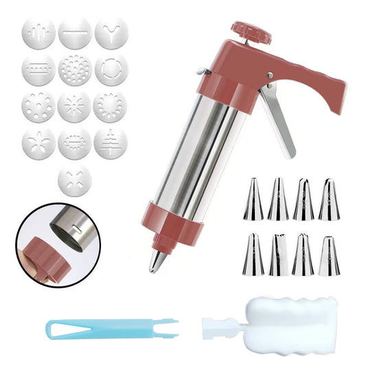 Stainless Steel Cookie Press Maker Kit Red Biscuit Machine with 13 Disc Molds 8 Icing Tips and Sponge V888-ELOSUNG44583