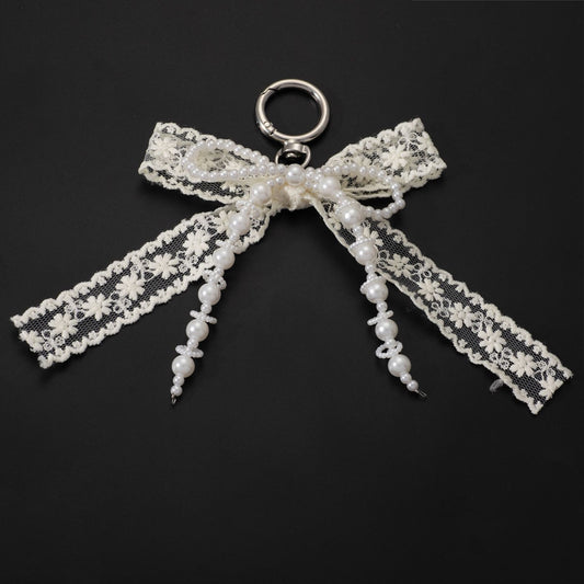 Korean Style Designer Faux Pearl and Fabric Bow Bag Charm Elegant Beige Ribbon Bow Keychain for Handbags and V888-ELOSUNG44592