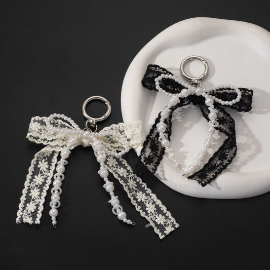 Korean Style Designer Faux Pearl and Fabric Bow Bag Charm Elegant Beige Ribbon Bow Keychain for Handbags and V888-ELOSUNG44592