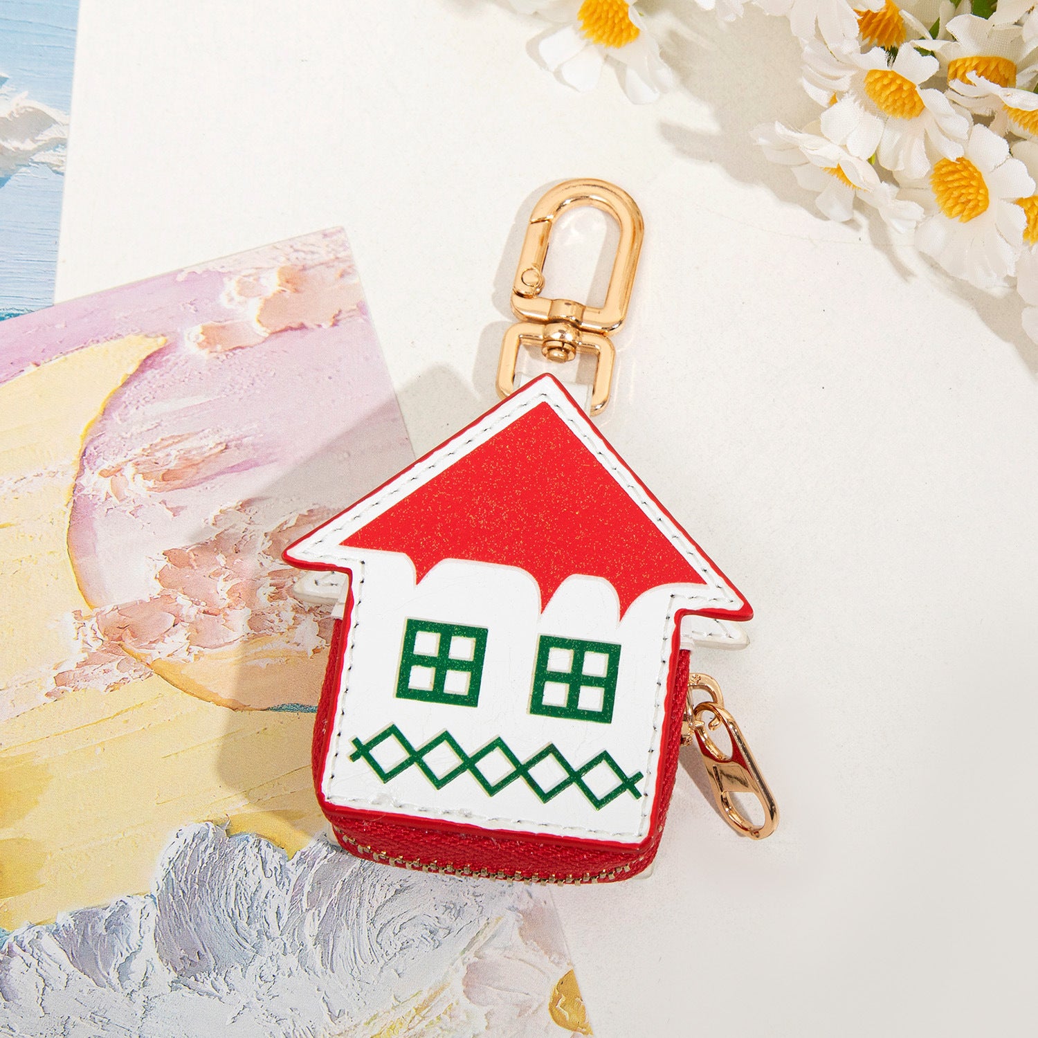 Cute Christmas House Mini Pouch Keychain PU Leather Coin Purse Earbuds Case Bag Charm Festive Gift V888-ELOSUNG44606