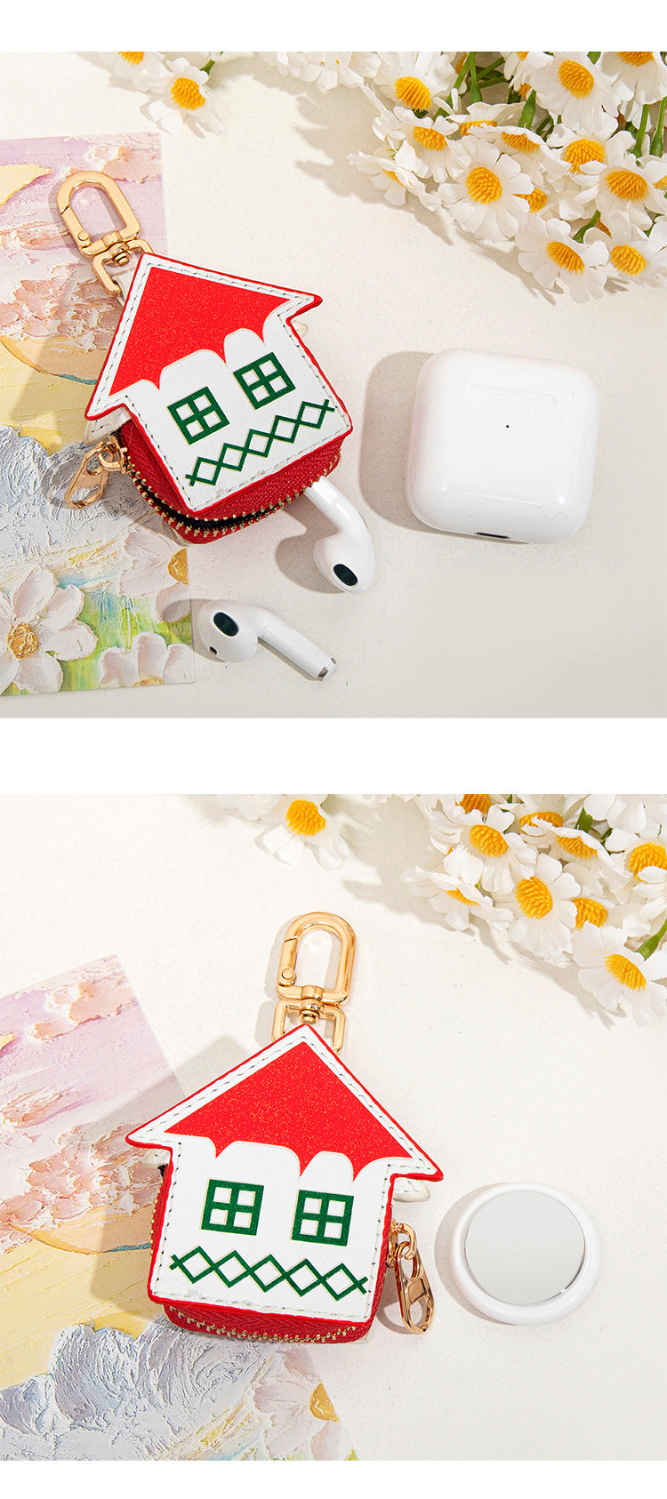 Cute Christmas House Mini Pouch Keychain PU Leather Coin Purse Earbuds Case Bag Charm Festive Gift V888-ELOSUNG44606