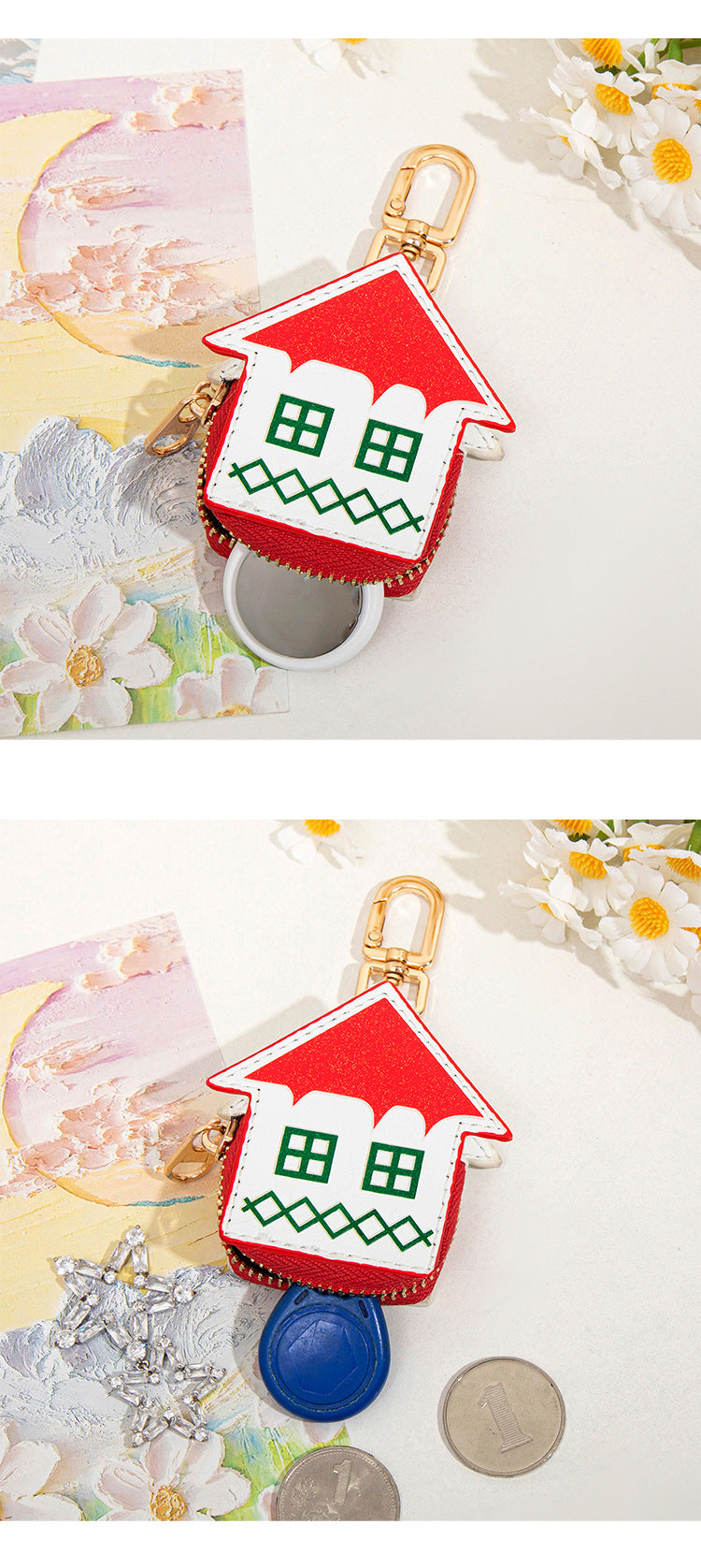 Cute Christmas House Mini Pouch Keychain PU Leather Coin Purse Earbuds Case Bag Charm Festive Gift V888-ELOSUNG44606