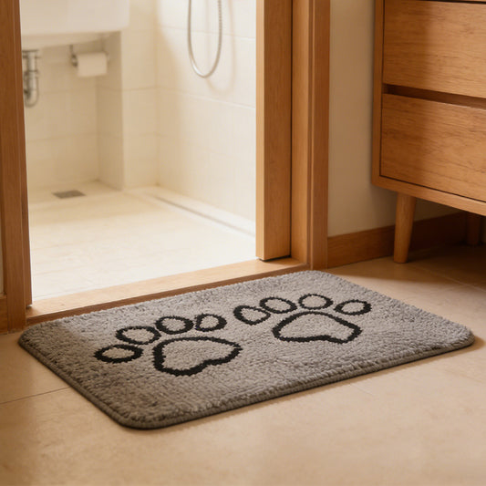 Grey Chenille Pet Mat Non-Slip Absorbent Dog & Cat Rug 40x60cm Cute Paw Print Design for Feeding Sleeping or V888-ELOSUNG44607