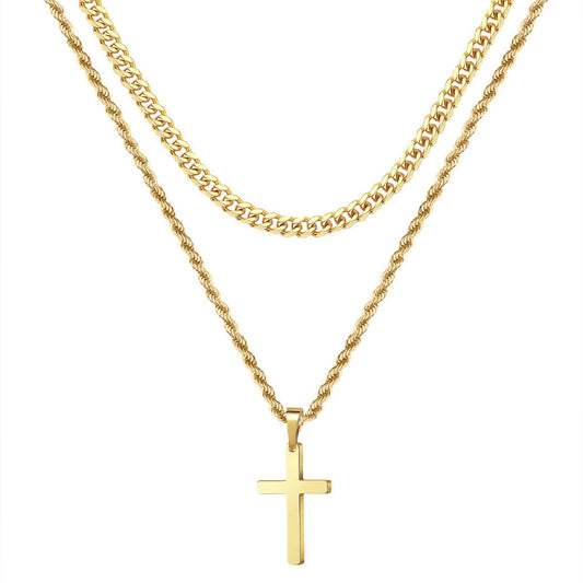 Double Layer Gold Tone Cross Pendant Necklace Set Cuban Link & Rope Chain 40-45cm Layered Fashion Jewellery V888-ELOSUNG44617