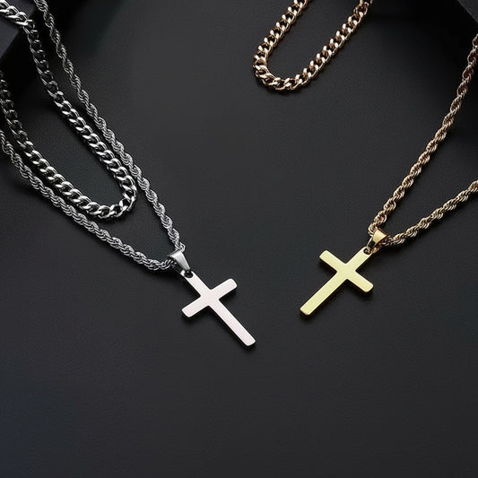 Double Layer Gold Tone Cross Pendant Necklace Set Cuban Link & Rope Chain 40-45cm Layered Fashion Jewellery V888-ELOSUNG44617